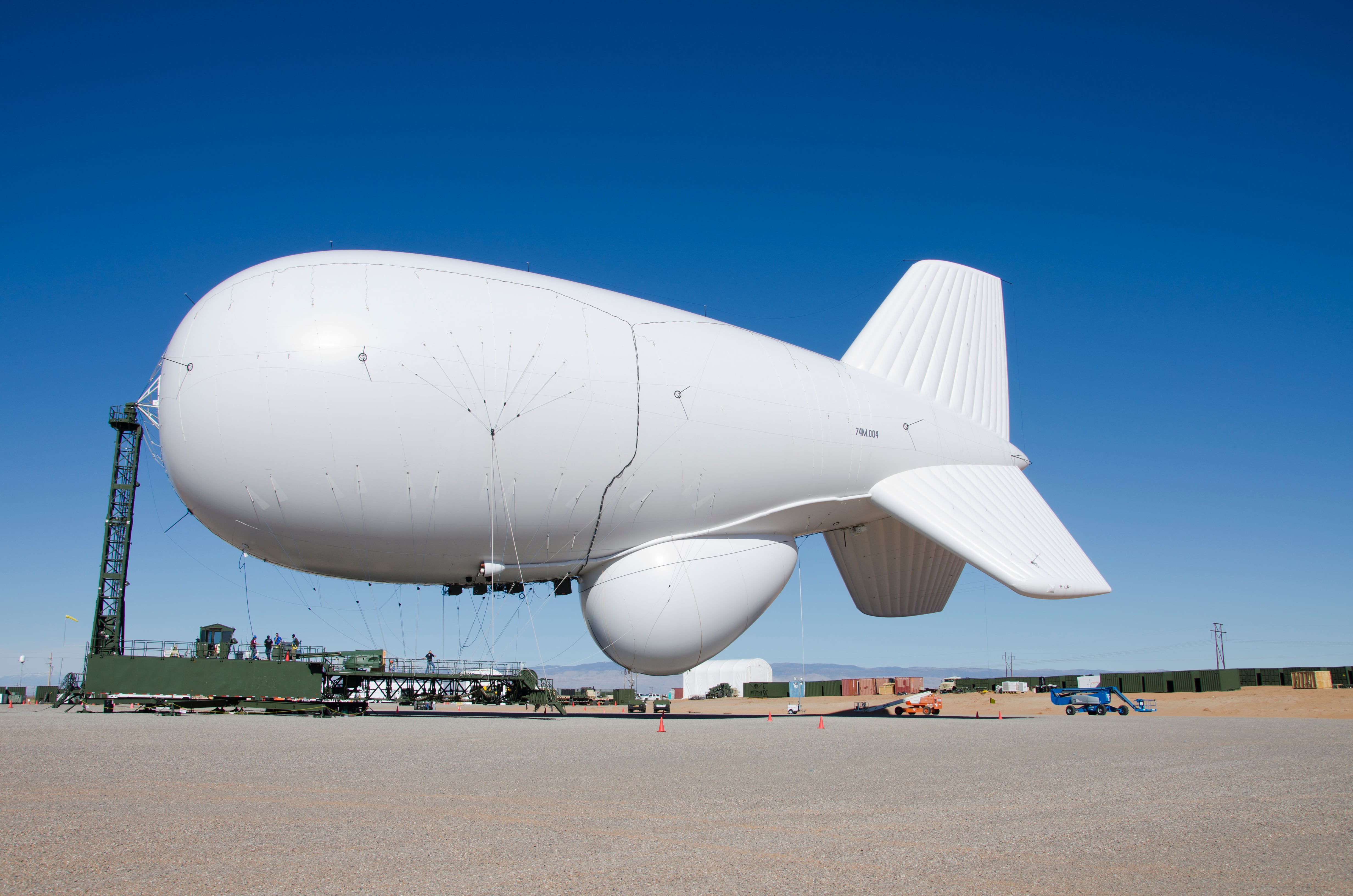 A Joint Land Attack Cruise Missile Defense Elevated Netted Sensor System aerostat, or JLENS, is seen at the White Sands Missile Range in New Mexico.