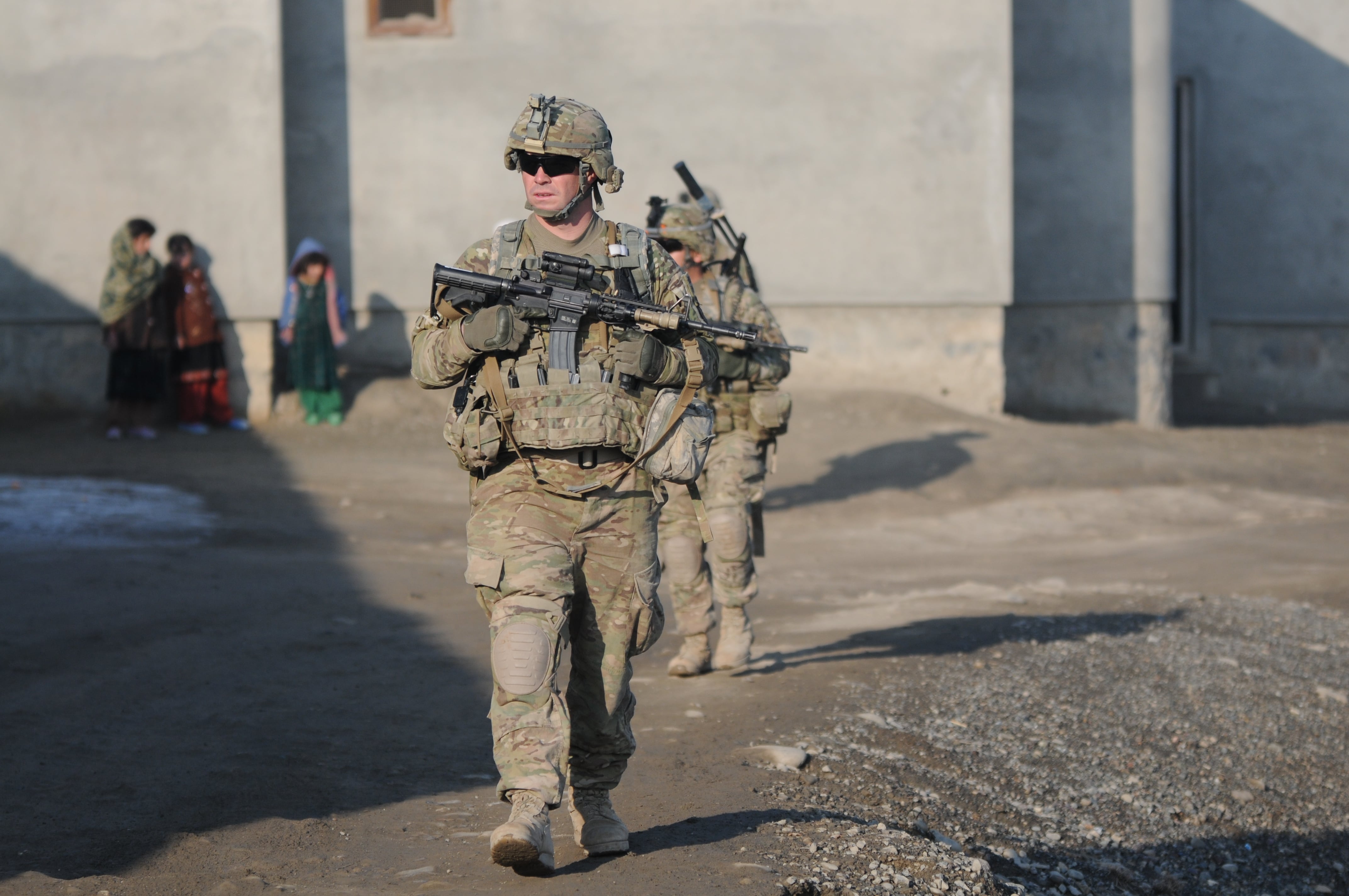 Paratroopers of 1st Platoon, A Battery, 2nd Battalion, 377th Parachute Field Artillery Regiment, Task Force Spartan Steel conduct security combat patrols in Khost province.