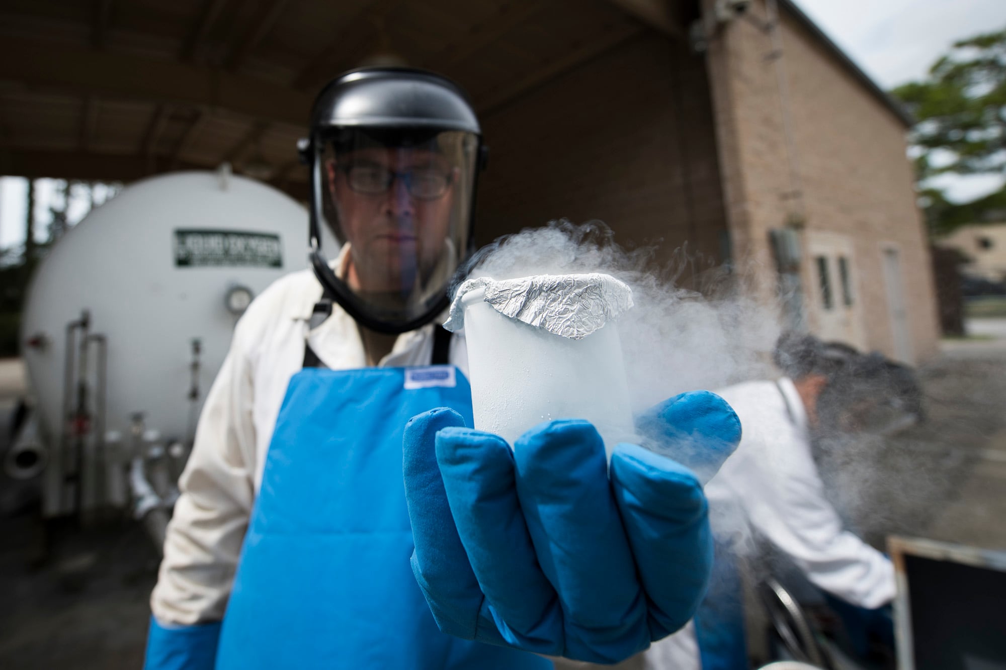 Tech. Sgt. Timothy Andrews displays a liquid-oxygen sample at Hurlburt Field, Fla., Aug. 26, 2020.