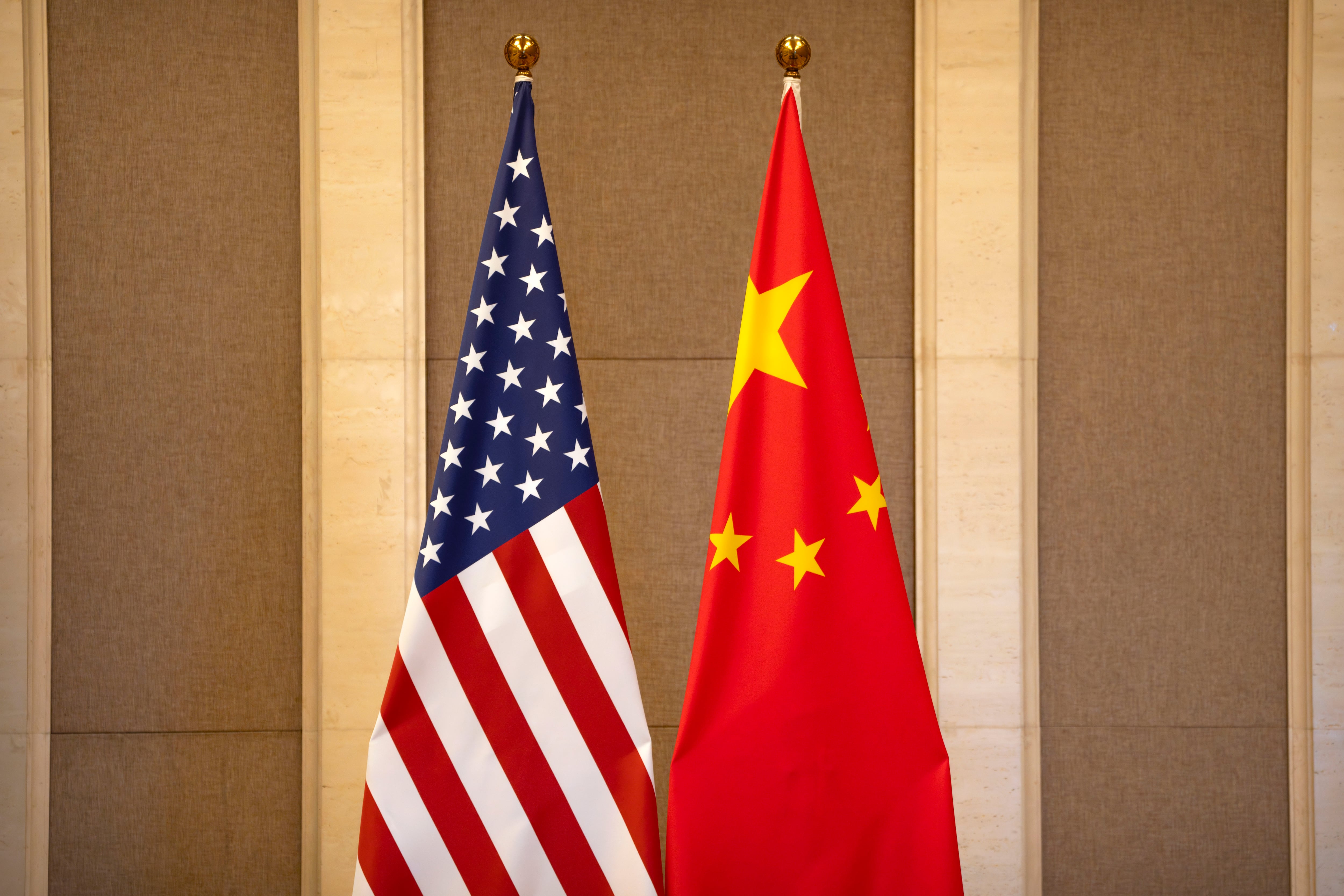 United States and Chinese flags are set up before a meeting between Treasury Secretary Janet Yellen and Chinese Vice Premier He Lifeng at the Diaoyutai State Guesthouse in Beijing, on July 8, 2023.