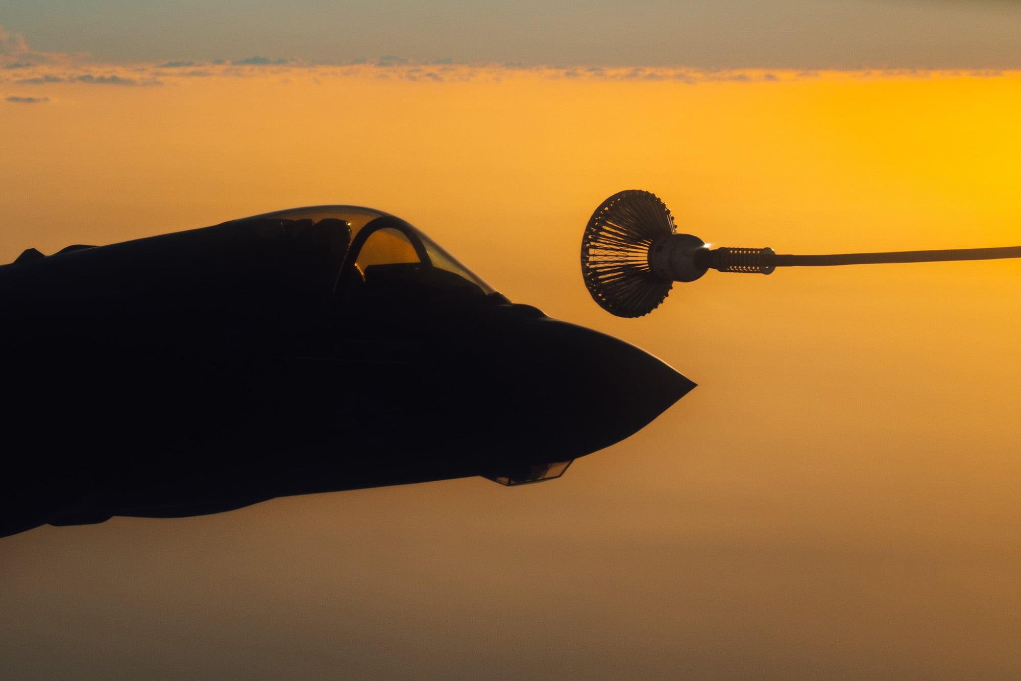 A U.S. Marine Corps F-35B Lightning II approaches a U.S. Air Force KC-135 Stratotanker for an in-air refueling mission supporting Operation Octave Quartz with armed over-watch in Africa, Jan. 1, 2020.