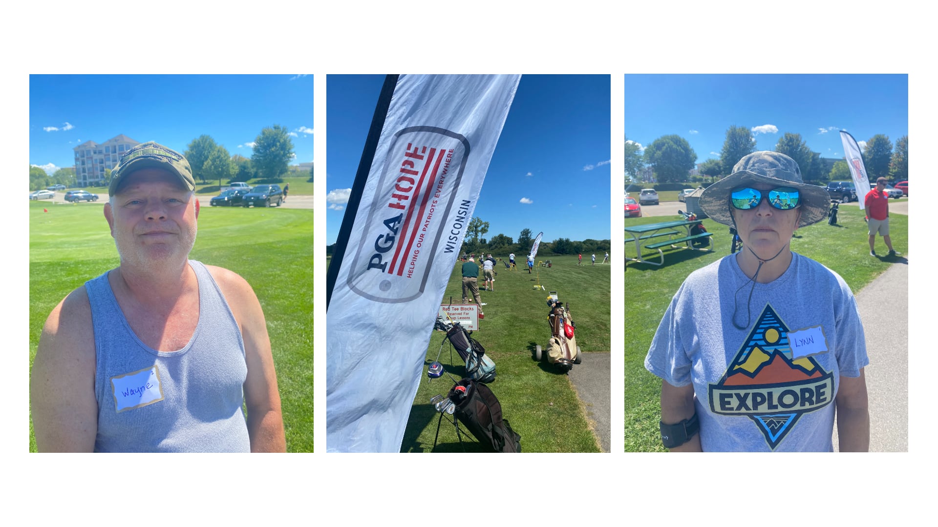 Veterans Wayne Cuny, left, and Lynn Gustafson, right, are learning to golf from the pros with PGA HOPE.