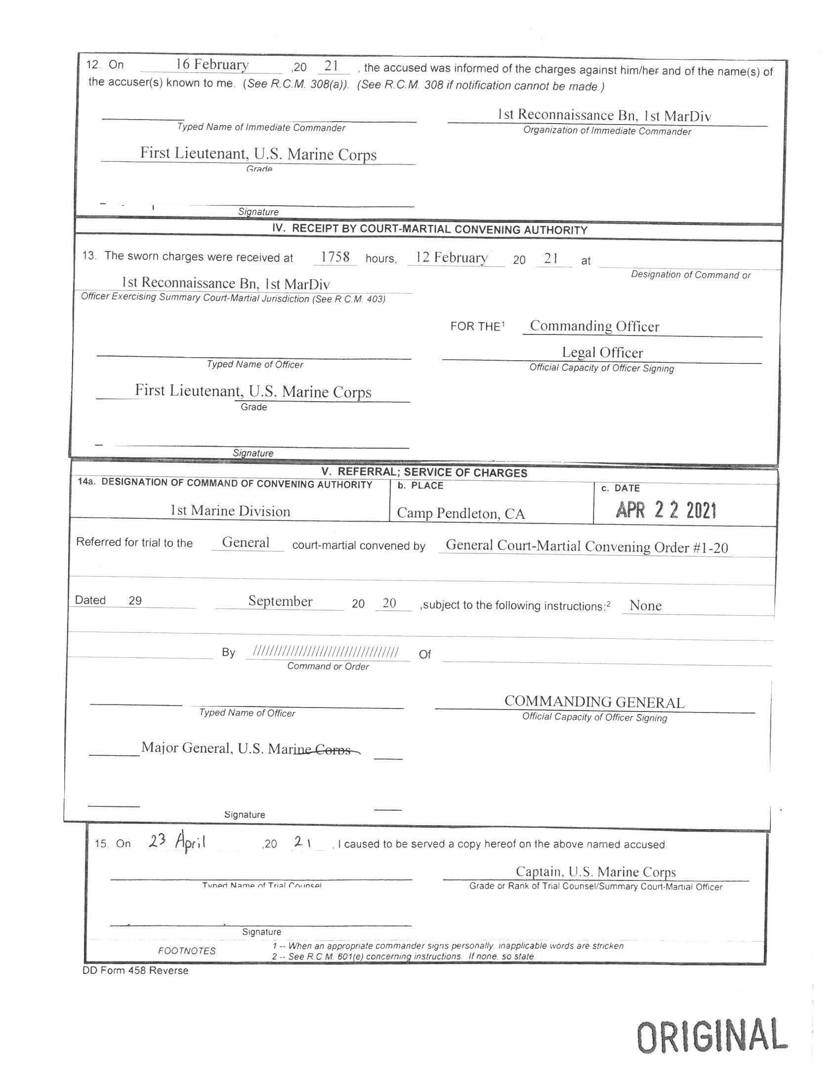 There were a total of five charges brought against Gunnar Naughton, a Marine with the 1st Reconnaissance Battalion, which included stealing ammunition and explosives and obstruction of justice. Naughton was sentenced on Thursday, July 1, 2021, after pleading guilty.