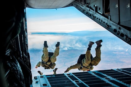 U.S. and Australian special operations forces conduct a high-altitude low-opening parachute jump from a Royal Australian Air Force C-27J Spartan on July 17, 2019, during Talisman Sabre in Queensland, Australia.