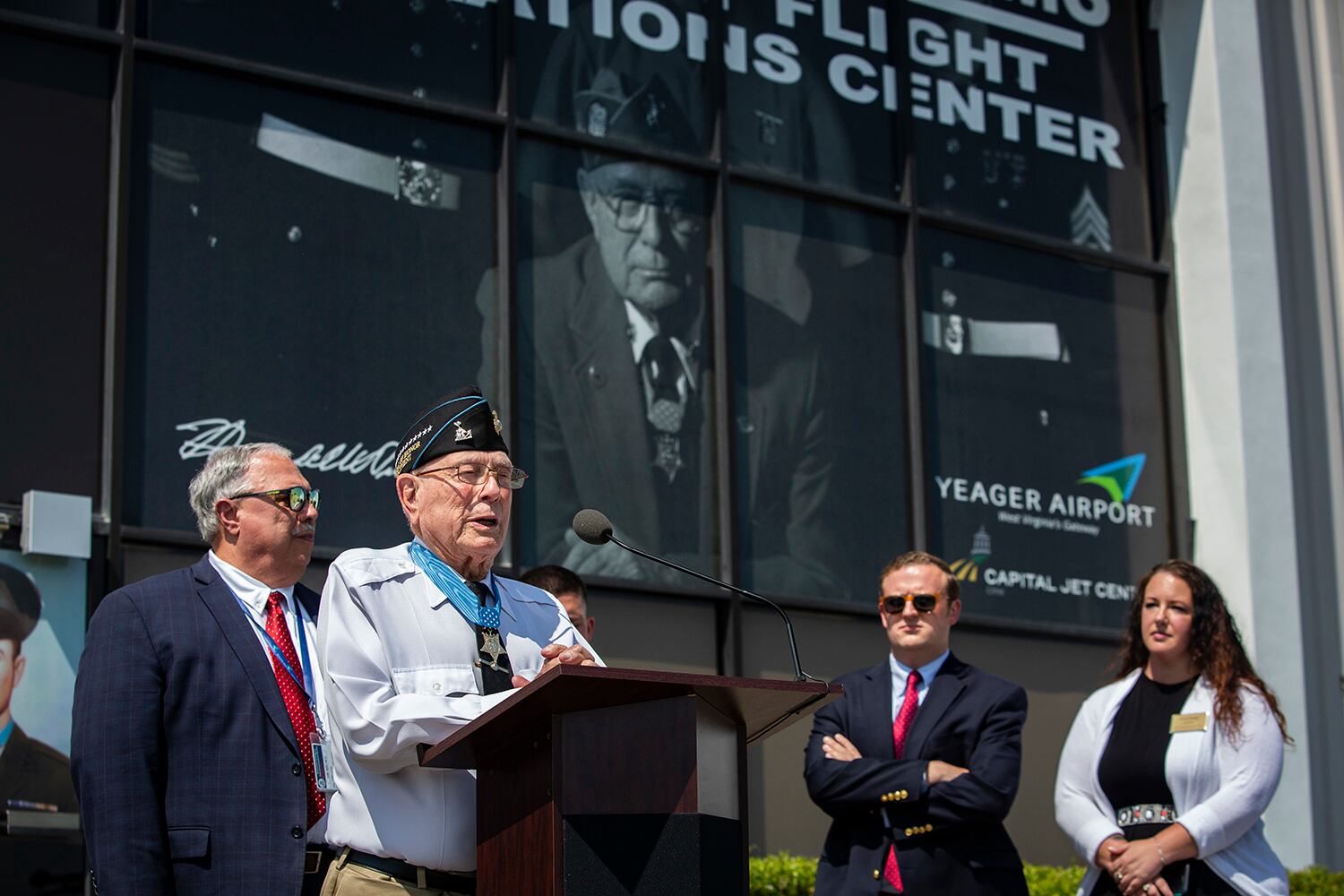 Hershel "Woody" Williams speaks during a hangar dedication ceremony at the Capital Jet Center in Charleston, W.Va., July 26, 2019.