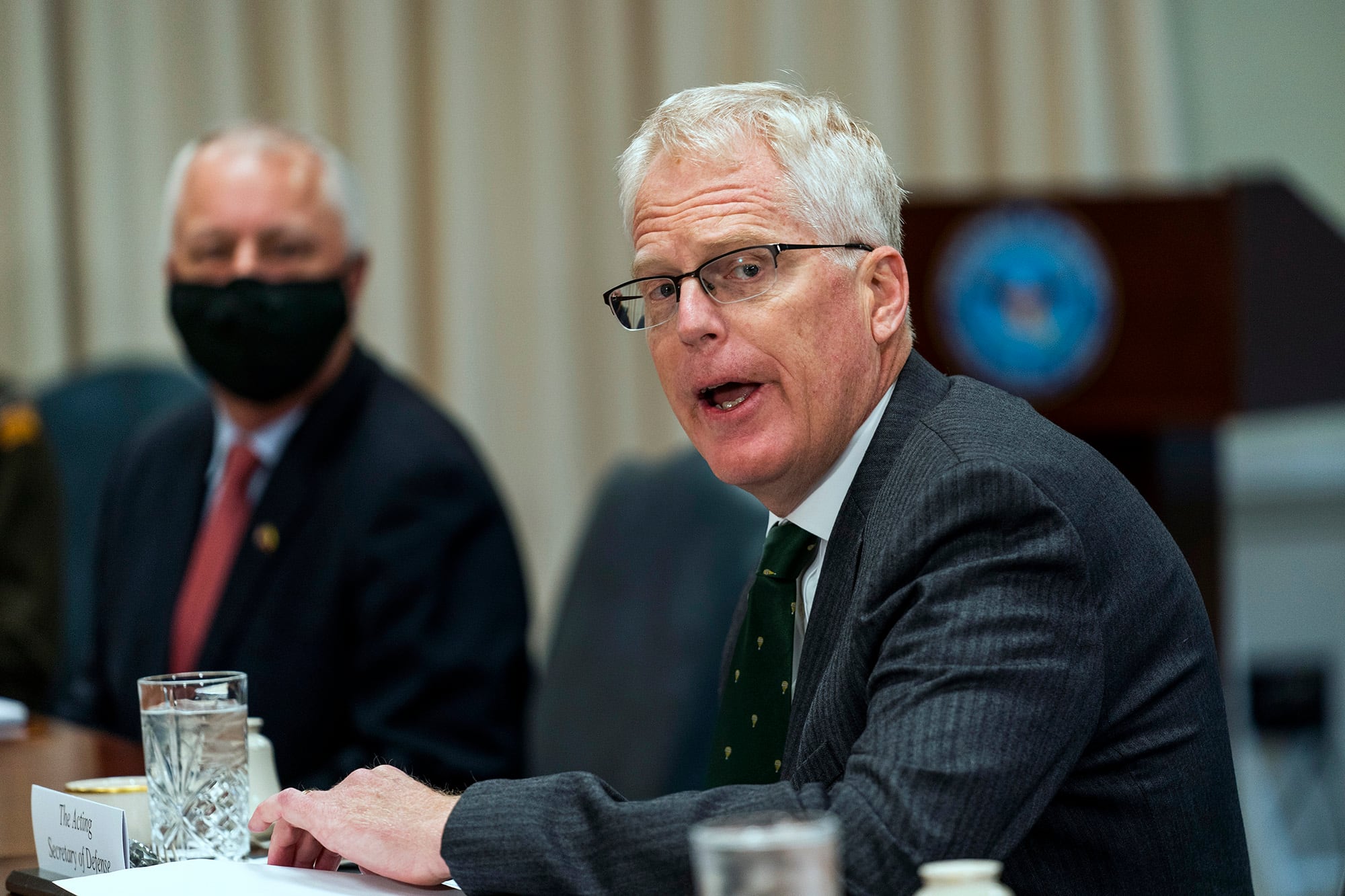 Acting Secretary of Defense Christopher Miller speaks during a meeting with Lithuanian Minister of National Defence Raimundas Karoblis at the Pentagon, Friday, Nov. 13, 2020.