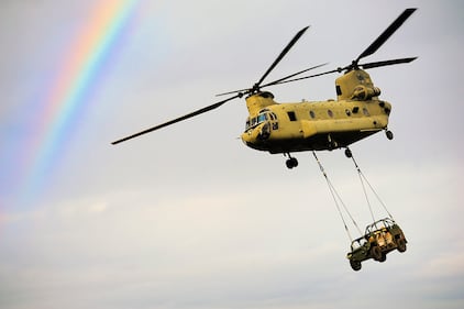 U.S. Army paratroopers conduct sling load operations with a CH-47 Chinook helicopter on Jan. 20, 2021, during exercise Eagle Talon, Monte Romano, Italy.