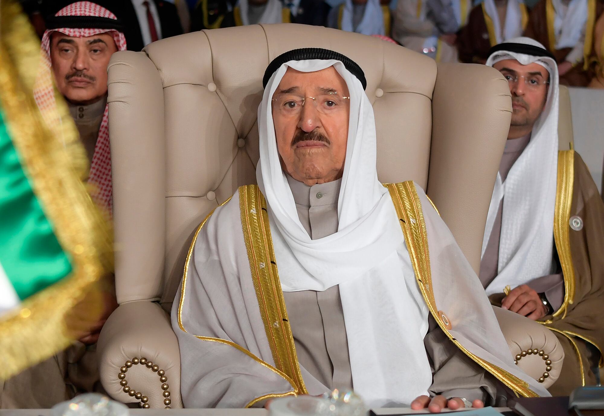 In this March 31, 2019, file photo, Kuwait's ruling emir, Sheikh Sabah Al Ahmad Al Sabah, attends the opening of the 30th Arab Summit, in Tunis, Tunisia.