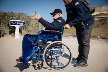 U.S. veteran arrives at a commemoration organized by Best Defense Foundation at Utah Beach near Sainte-Marie-du-Mont, Normandy, France, Sunday, June 4, 2023.