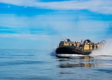 Sailors operate landing craft air cushions during recovery efforts of a high altitude balloon in the Atlantic Ocean, Feb. 8, 2023.