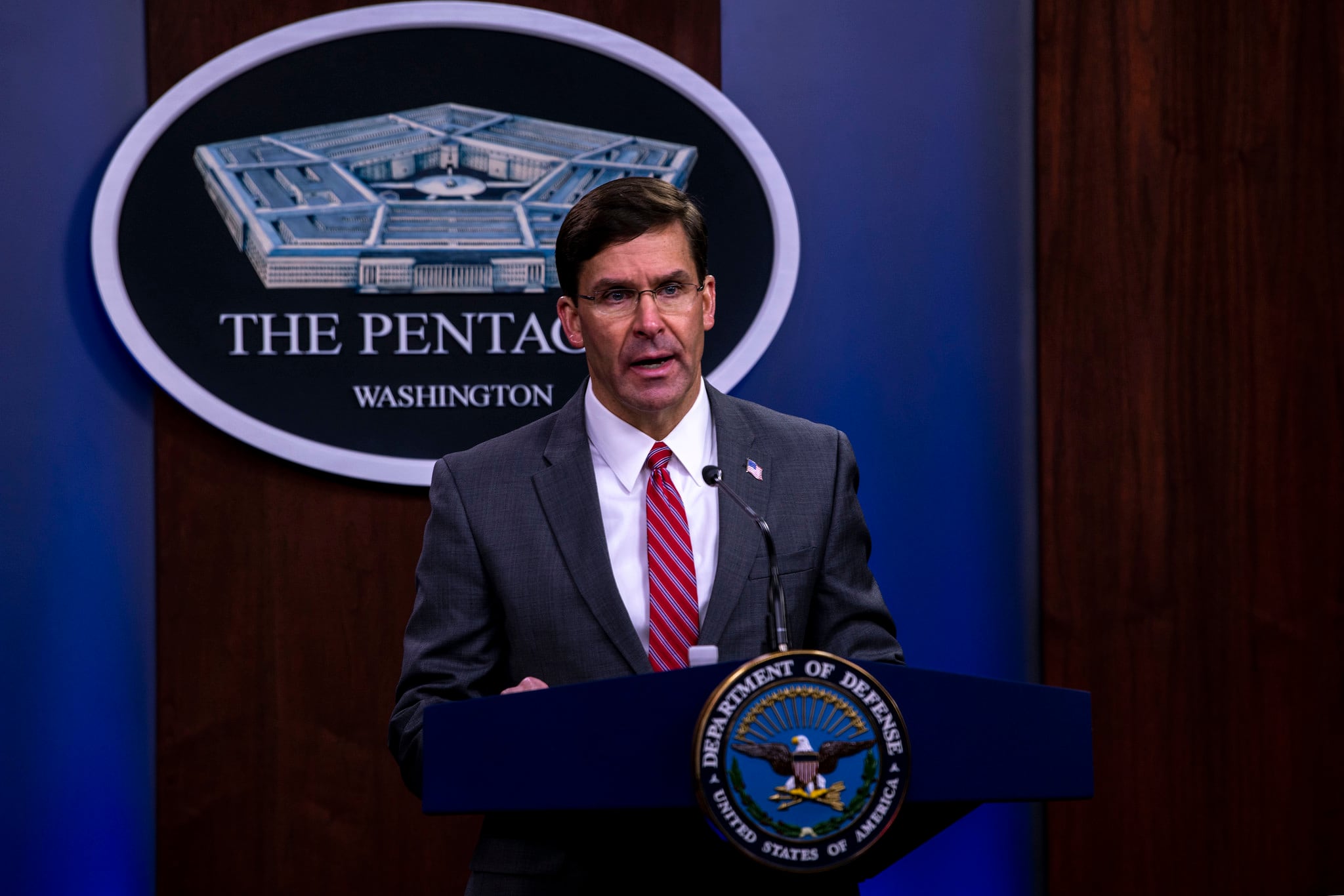 Defense Secretary Mark Esper holds a news conference at the Pentagon, June 3, 2020.