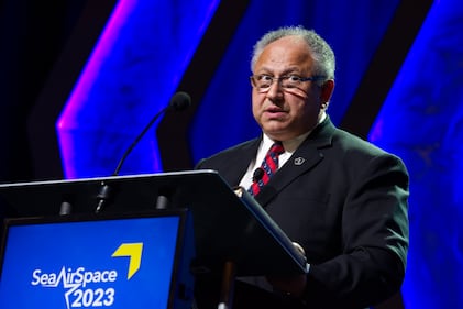 U.S. Navy Secretary Carlos Del Toro speaks at a Sea-Air-Space conference luncheon in National Harbor, Maryland, on April 4, 2023.