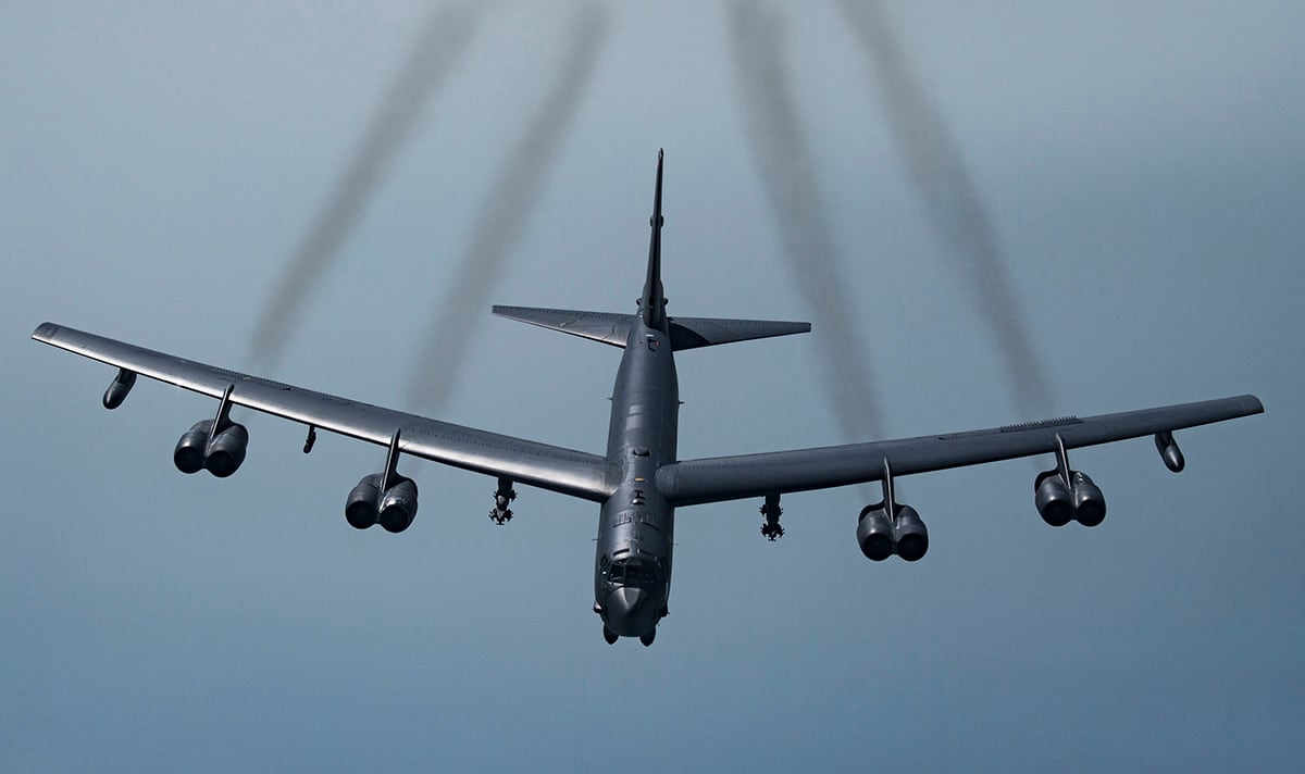 A B-52H Stratofortress flies over Southwest Asia.