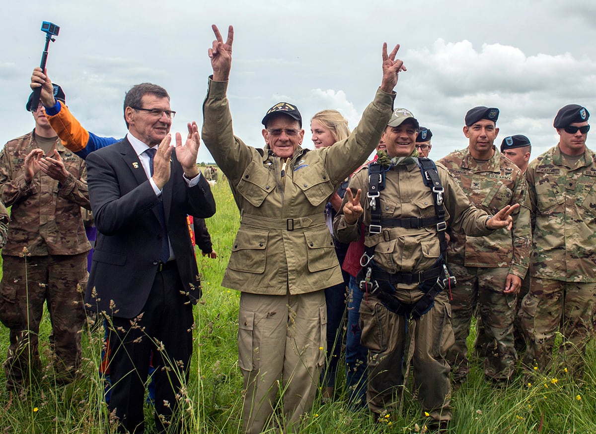 World War II D-Day veteran Tom Rice, from Coronado, Calif., after parachuting in a tandem jump into a field in Carentan, Normandy, France.