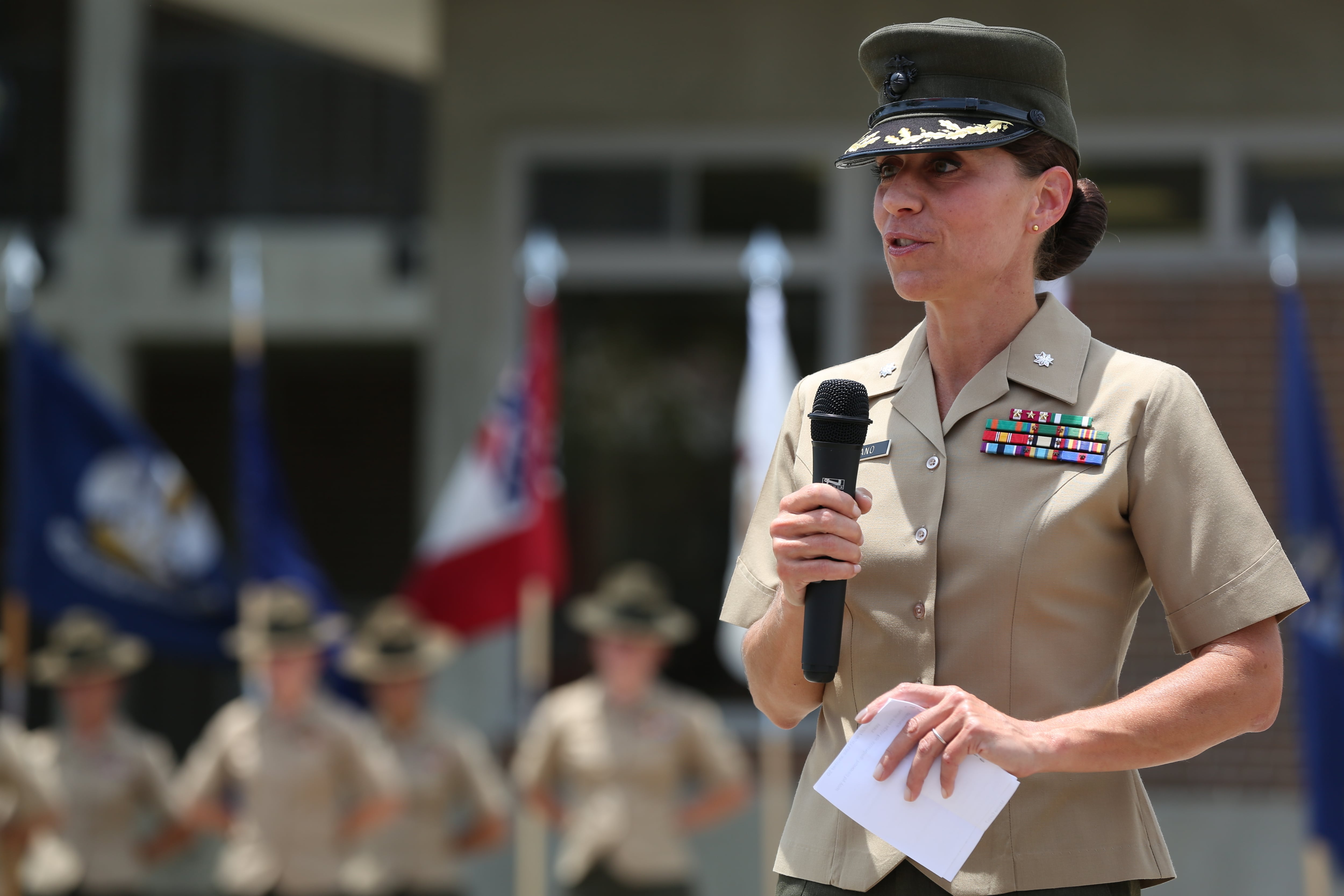 Marine Lt. Col. Kate Germano addresses the audience during the 4th Battalion relief and appointment ceremony at Marine Corps Recruit Depot Parris Island, South Carolina, in 2014.