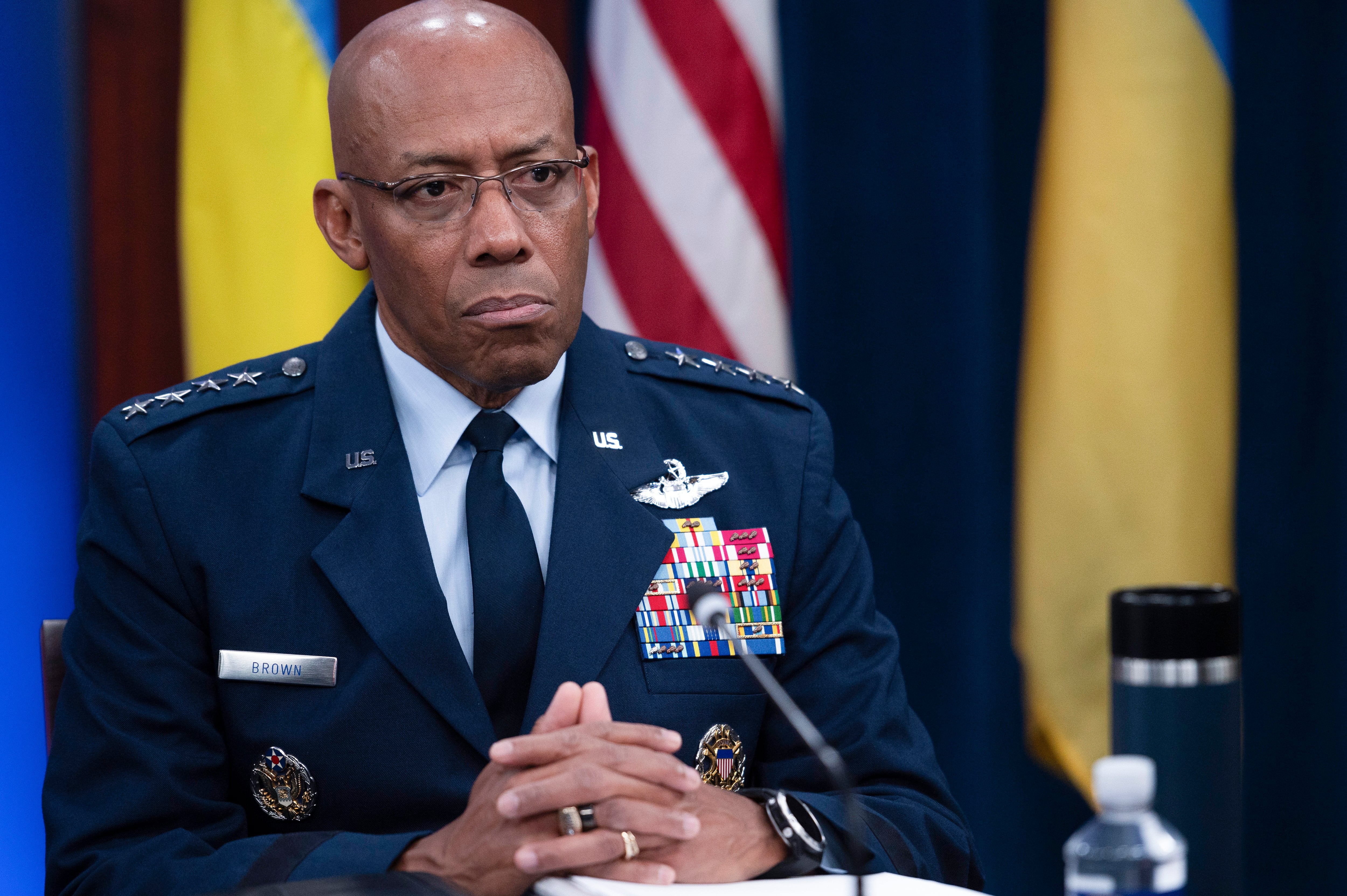 Chairman of the Joint Chiefs of Staff Air Force Gen. CQ Brown, participates in a virtual Ukraine Defense Contact Group meeting, Wednesday, Nov. 22, 2023, at the Pentagon in Washington.