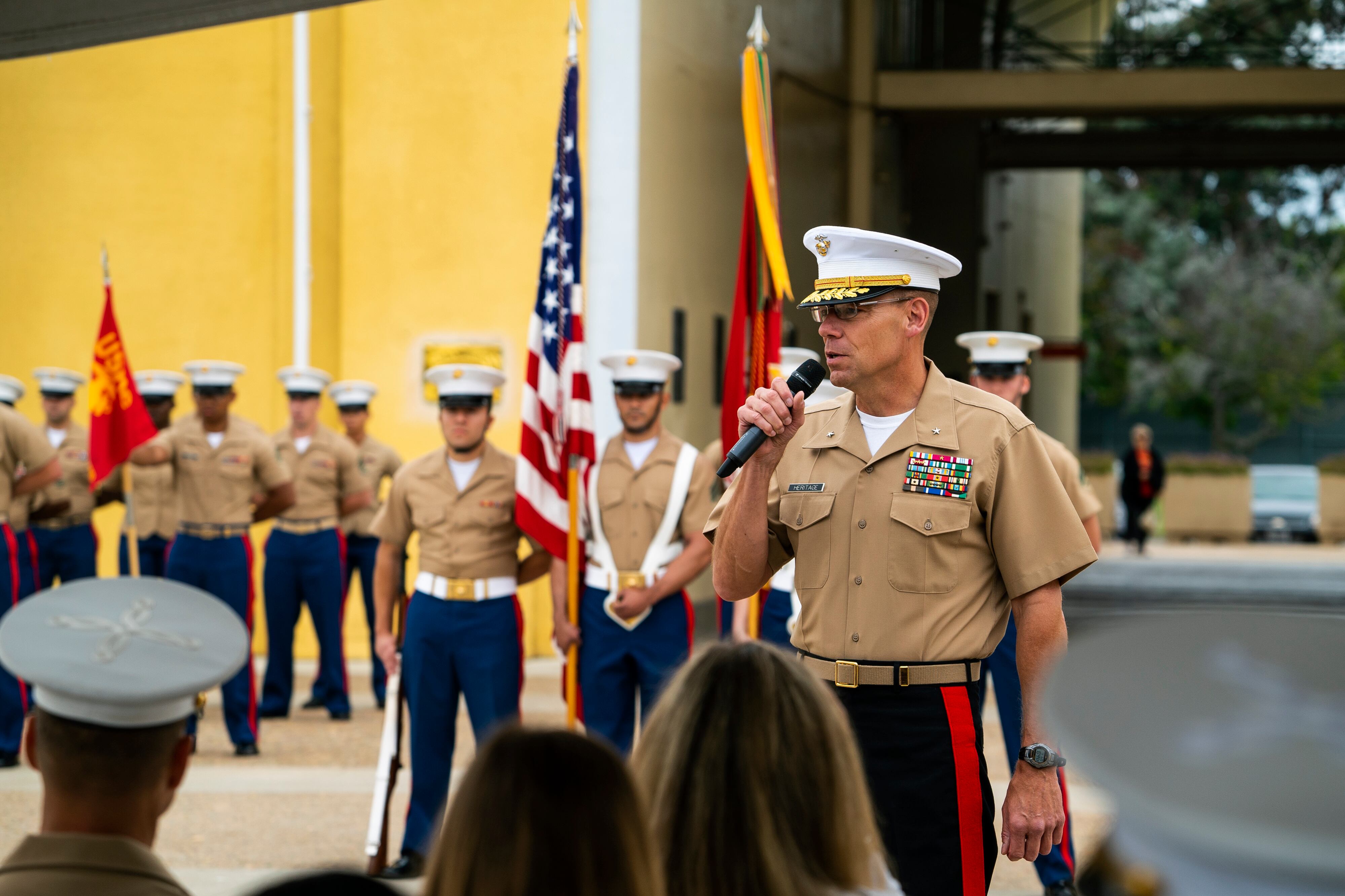 Ryan Heritage, then a brigadier general serving as the commanding general of Western Recruiting Region, addresses a crowd during a change of command ceremony in California in June 2019.