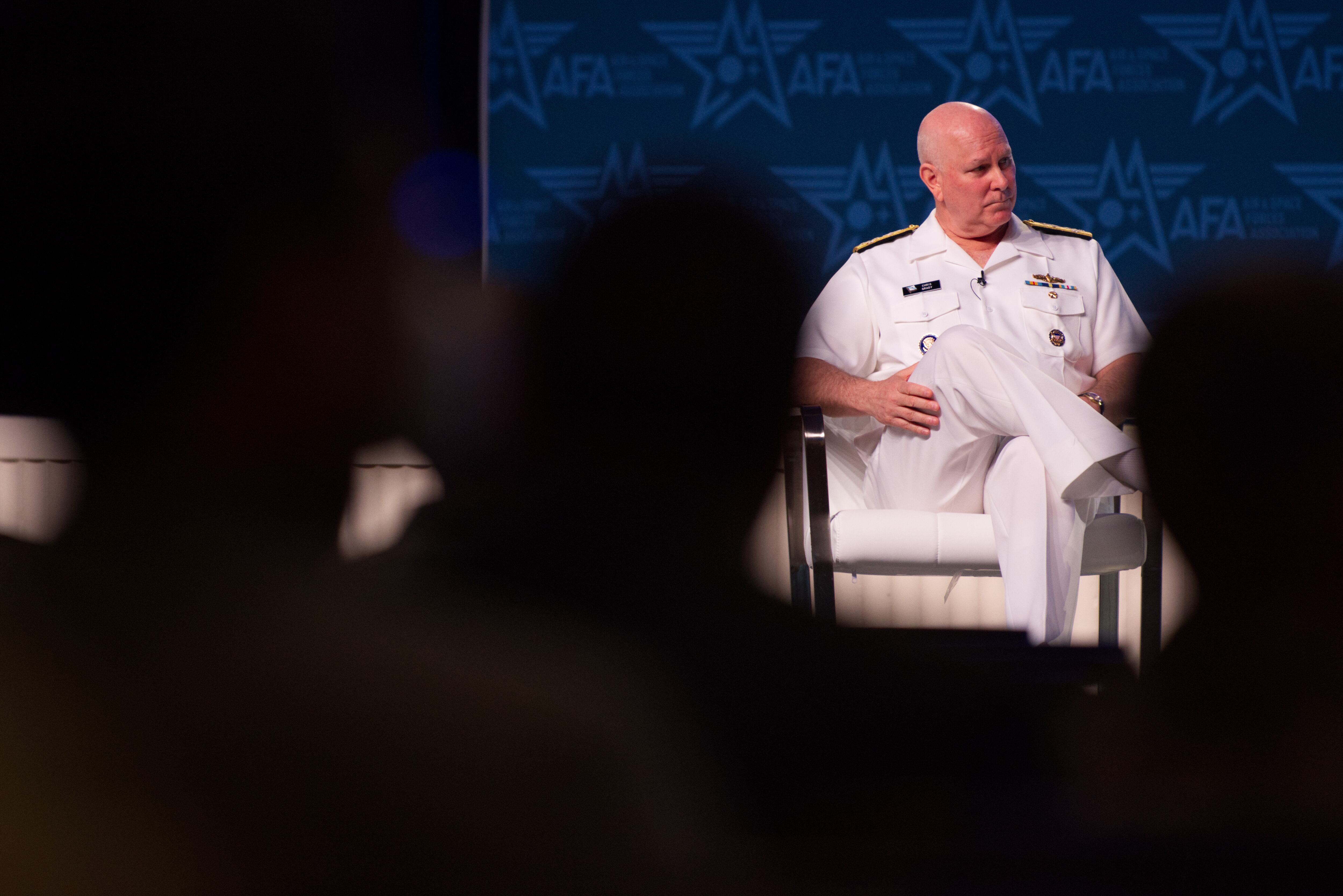 U.S. Navy Adm. Chris Grady, the vice chairman of the Joint Chiefs of Staff, listens to a question Sept. 13, 2023, at the Air, Space and Cyber Conference in National Harbor, Maryland.