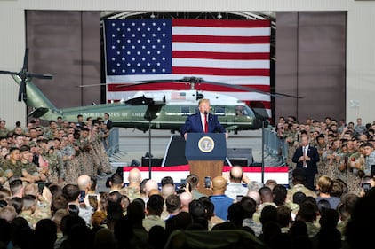 President Donald Trump speaks to service members during a June 30, 2019, visit to Osan Air Base, South Korea.