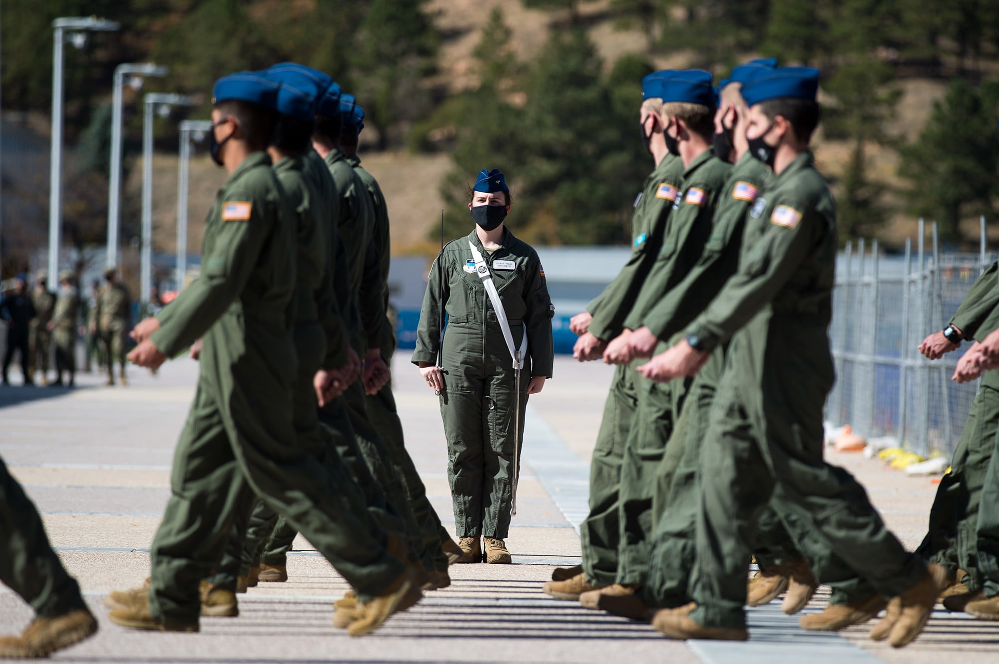 Air Force cadets march during noon meal formation Oct. 9, 2020, on the Academy's Terrazzo at the U.S. Air Force Academy in Colorado Springs, Colo.