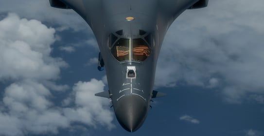 A 9th Expeditionary Bomb Squadron B-1B Lancer flies over the East China Sea May 6, 2020, during a training mission.