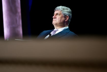 Bill LaPlante, the under secretary of defense for acquisition and sustainment, looks at the audience during a morning event at the Sea-Air-Space conference in April 2023.