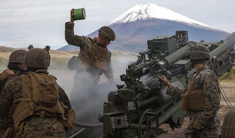 U.S. Marines prepare to fire an M777A2 155mm Howitzer as a part of the Artillery Relocation Training Program 20.3 at Combined Arms Training Center, Camp Fuji, Japan, Oct. 20, 2020.