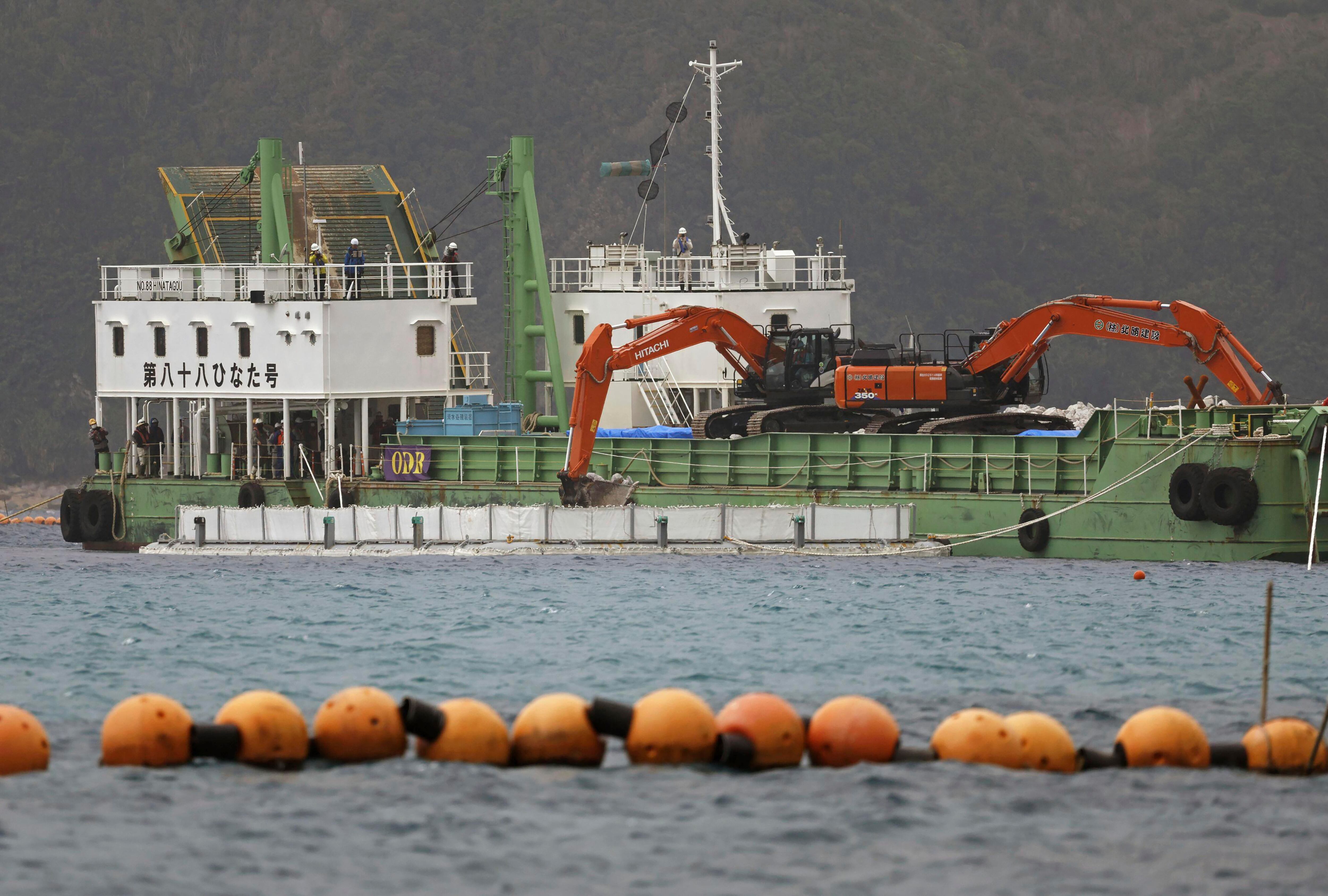 A reclamation work is resumed at a construction site off Henoko in Nago, Okinawa prefecture, southern Japan Wednesday, Jan. 10, 2024.