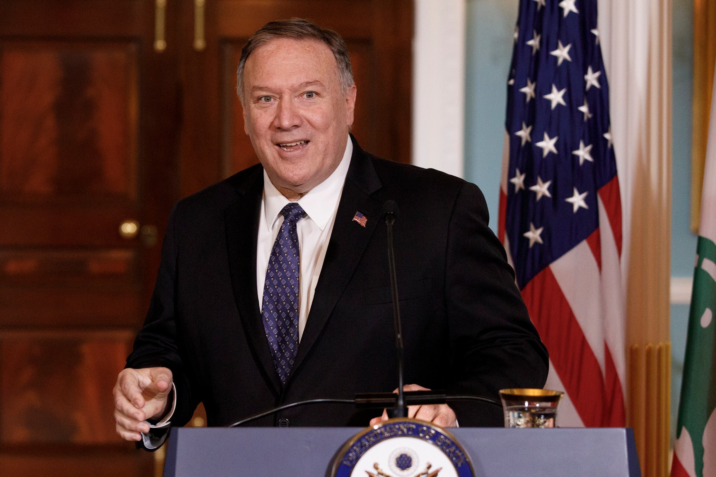 In this Aug. 15, 2019, file photo, Secretary of State Mike Pompeo speaks to media during a news conference with Lebanese Prime Minister Saad Hariri at the State Department in Washington.