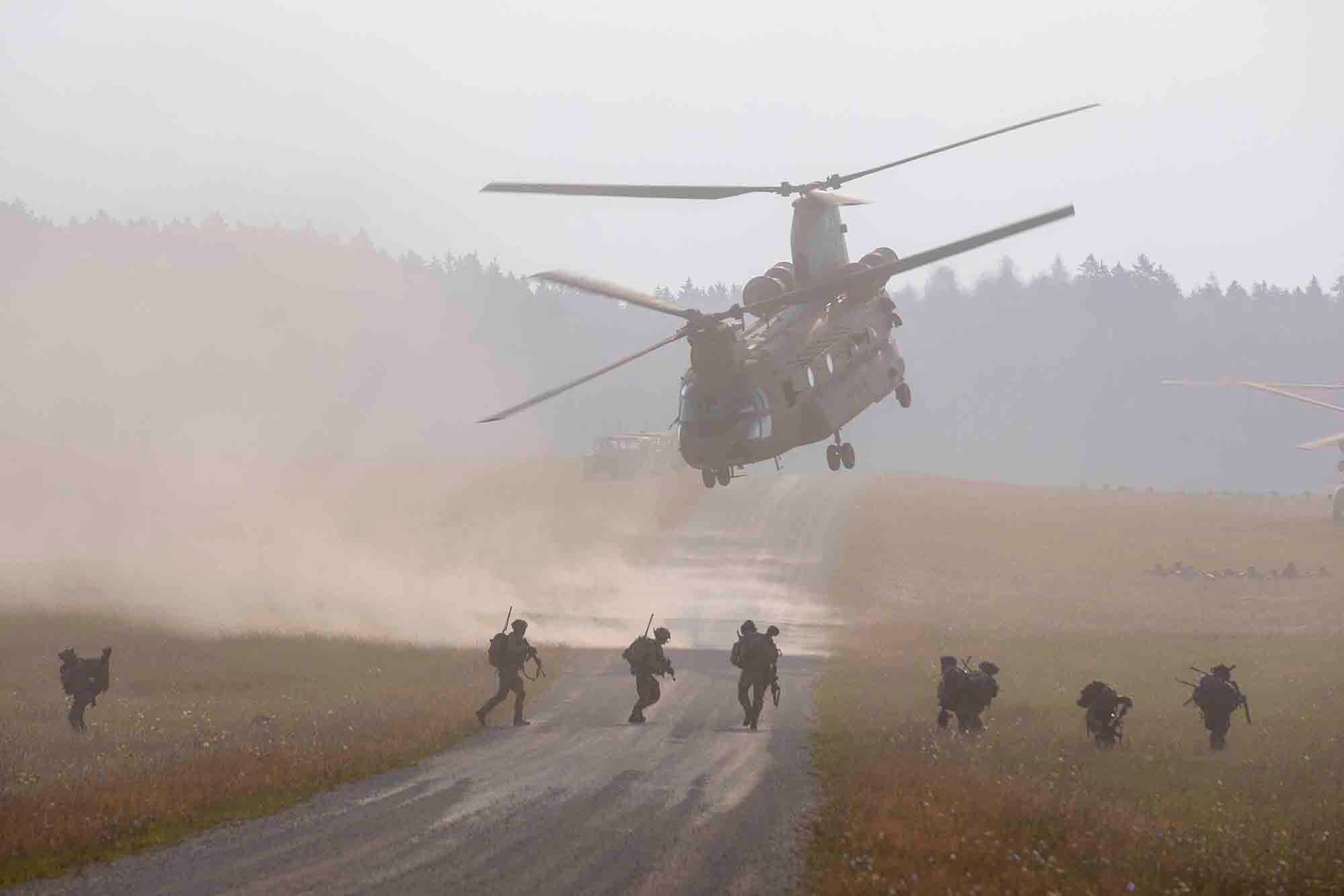 U.S. Army soldiers assigned to the 12th Combat Aviation Brigade, and the 173rd Airborne Brigade train sling loads and perform air assaults for Saber Junction 20 on Hohenfels Training Area, Germany, Aug. 10, 2020.