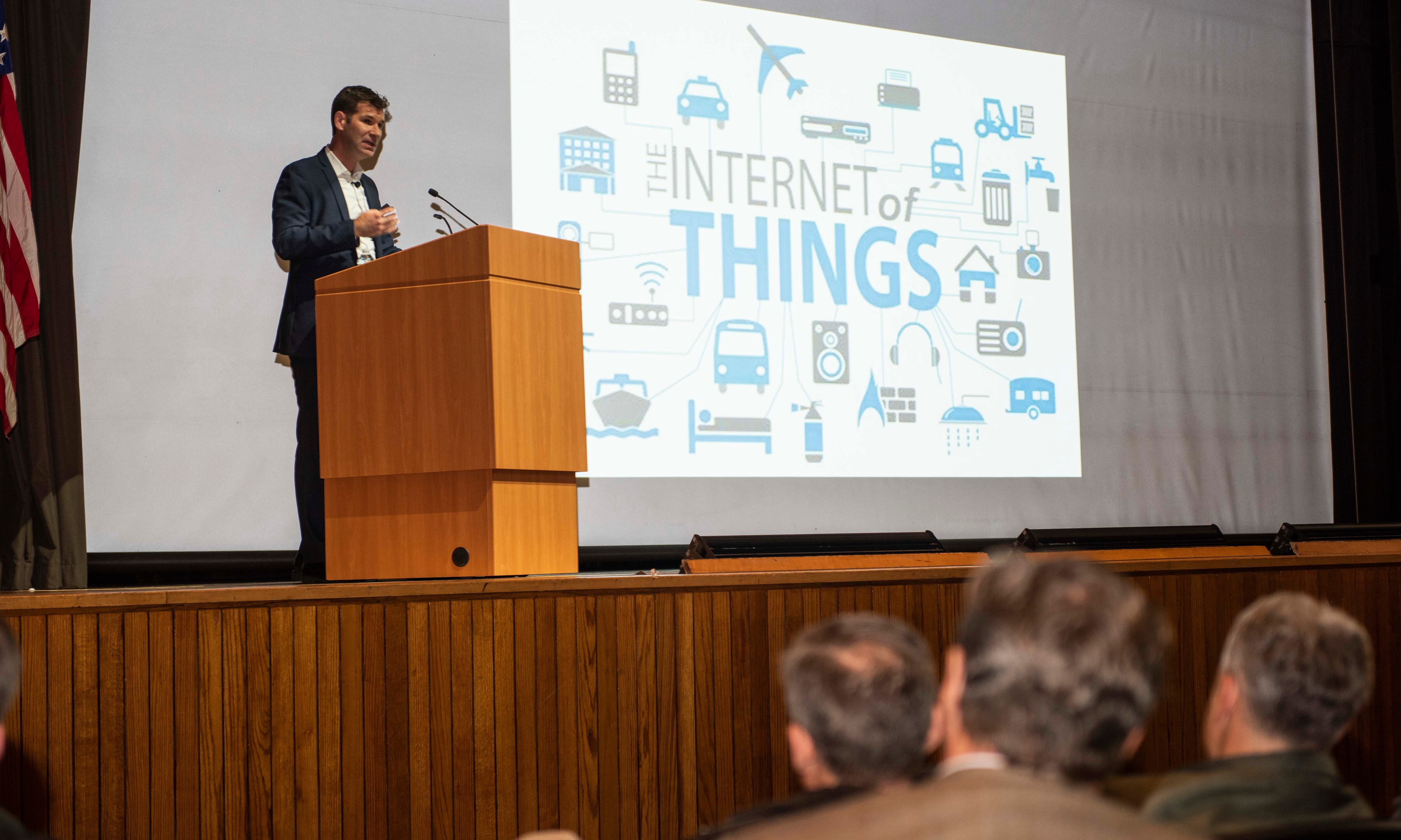 Peter Singer, senior fellow with the New America Foundation, offers an outlook on future defense challenges and opportunity to a packed King Auditorium for a Secretary of the Navy Guest Lecture in 2019 in Monterey, California