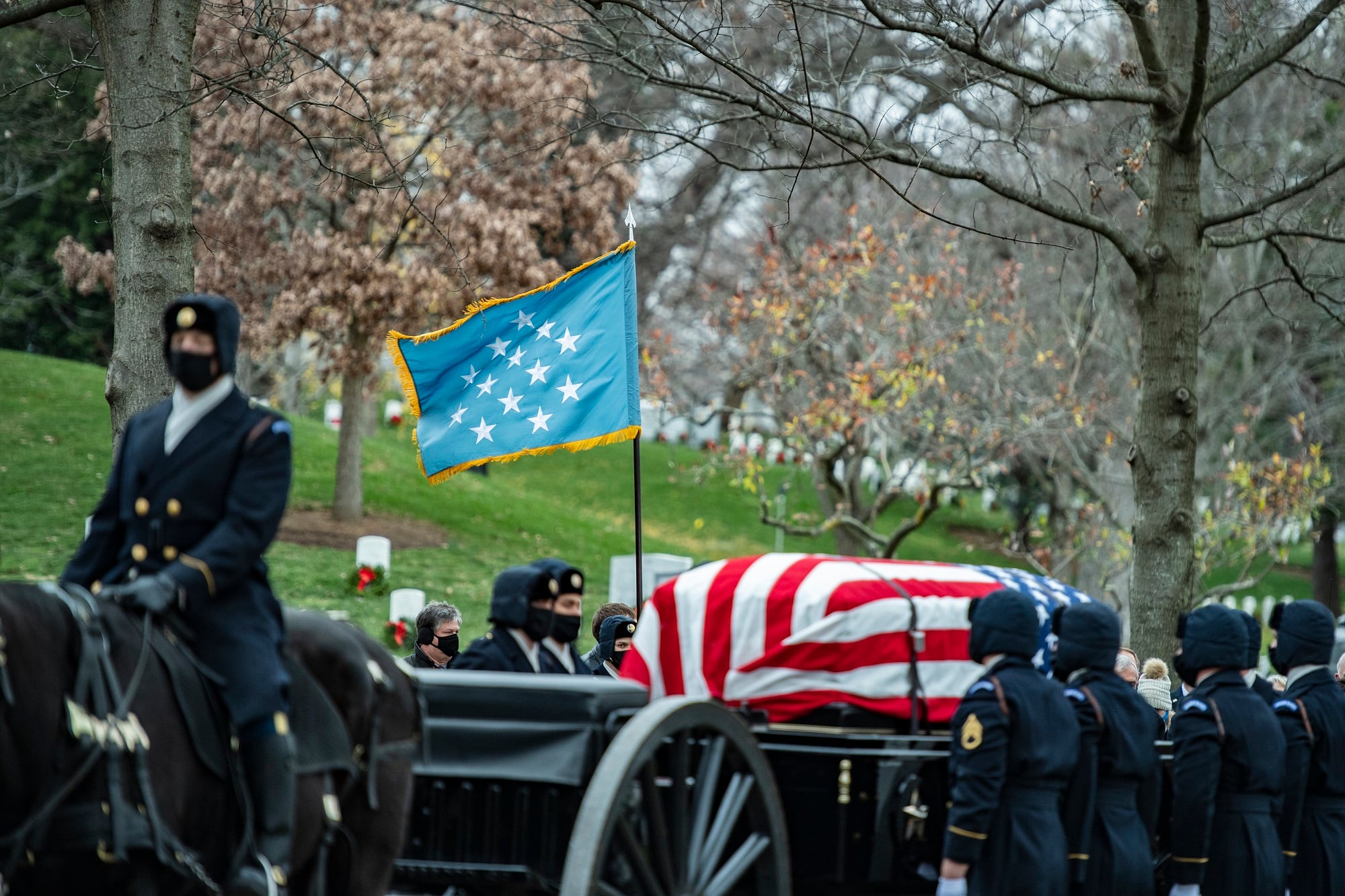 The 3d U.S. Infantry Regiment (The Old Guard) conduct modified military funeral honors for Medal of Honor recipient Command Sgt. Maj. Bennie Adkins at Arlington National Cemetery in Virginia on Dec. 16, 2020.