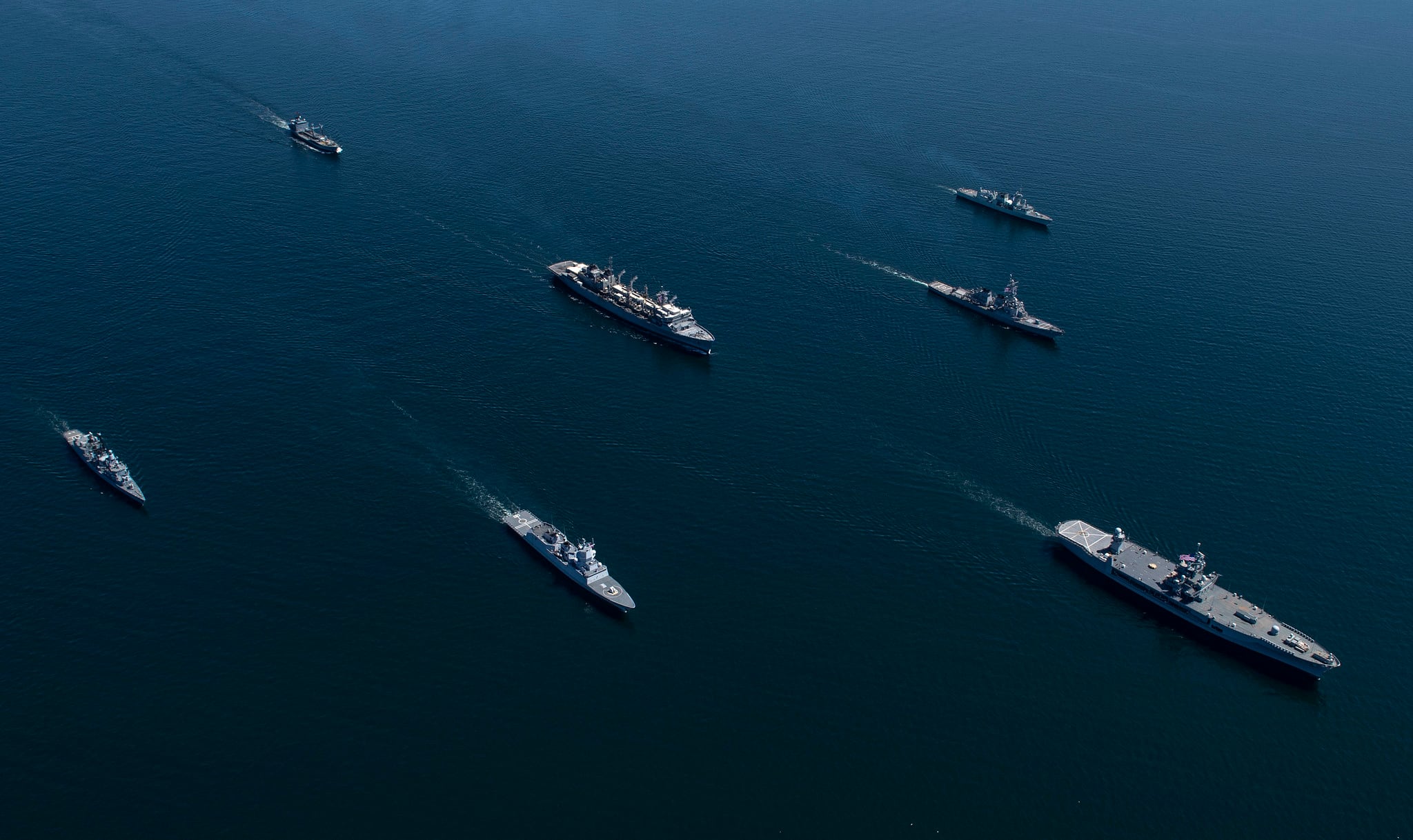 Ships from nations participating in exercise Baltic Operations (BALTOPS) 2020 sail in formation while in the Baltic Sea, June 8, 2020.