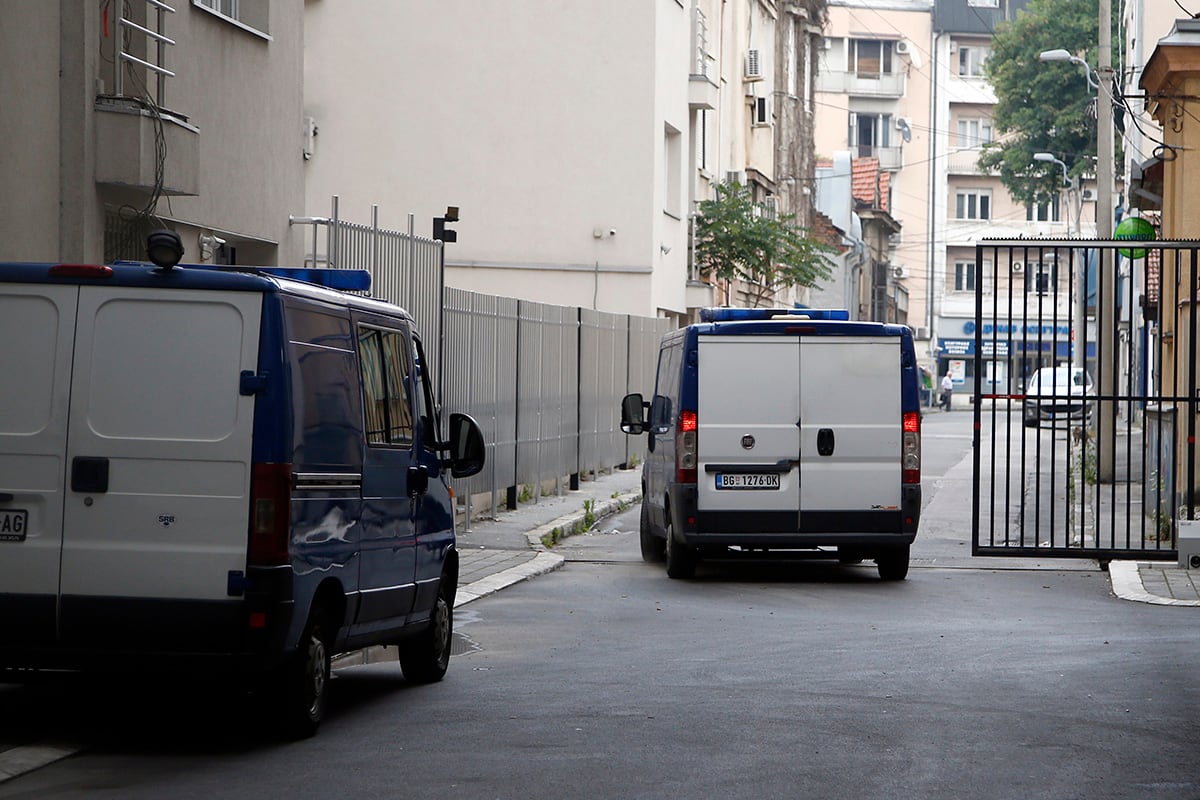 A detention vehicle is seen as it leaves a courthouse in Belgrade, Serbia, Tuesday, June 18, 2019.