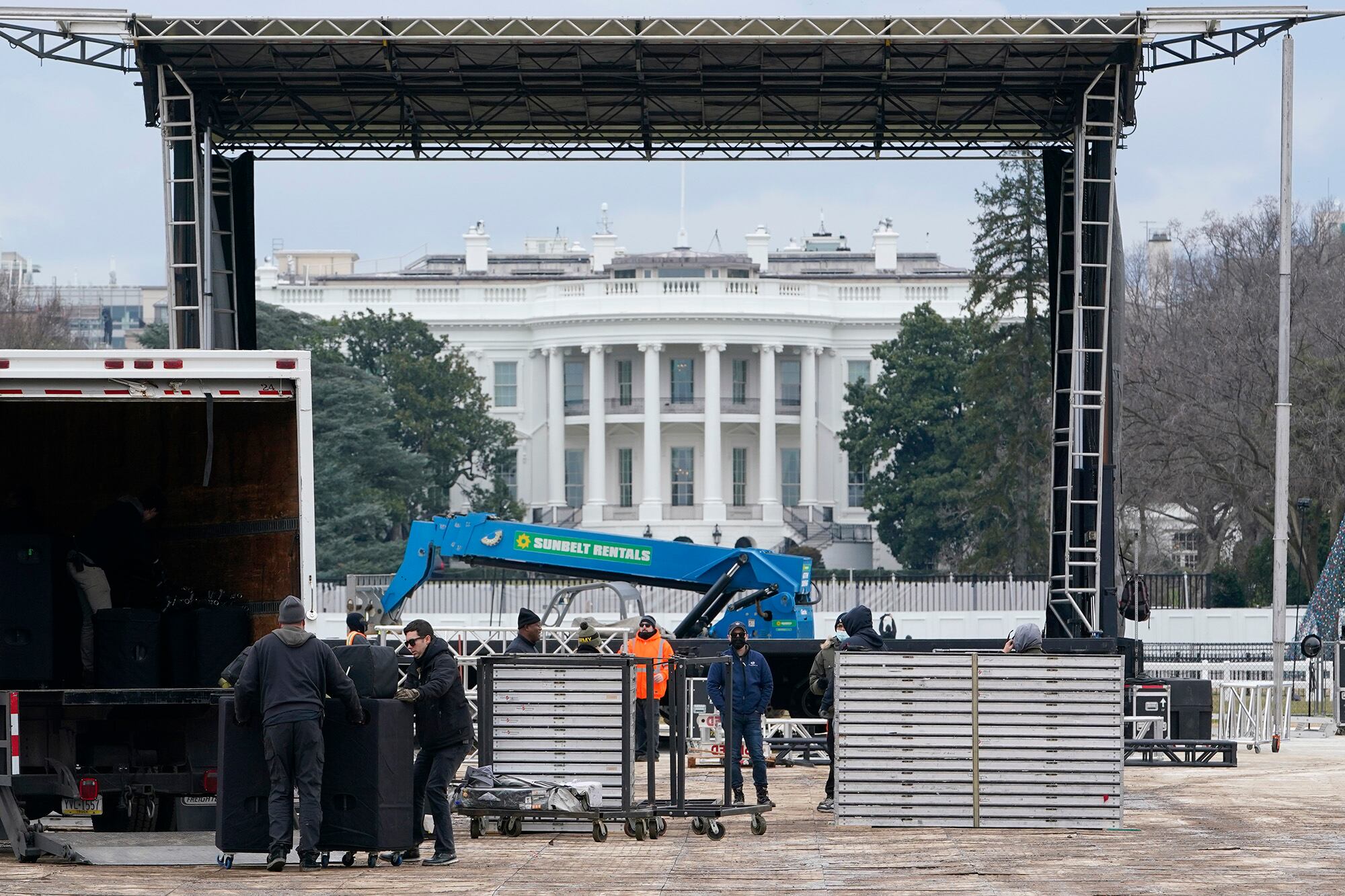 A stage is set up on the Ellipse near the White House in Washington, Monday, Jan. 4, 2021, in preparation for a rally on Jan. 6, the day when Congress is scheduled to meet to formally finalize the presidential election results.