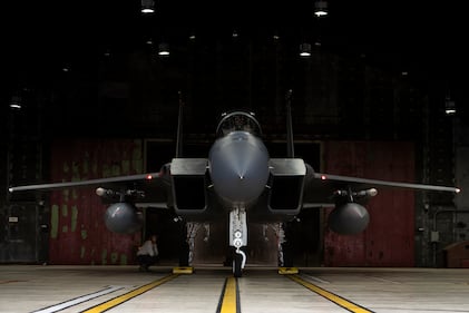 An F-15C Eagle prepares to taxi to the runway during Exercise Point Blank 20-3 at Royal Air Force Lakenheath, United Kingdom, July 16, 2020.