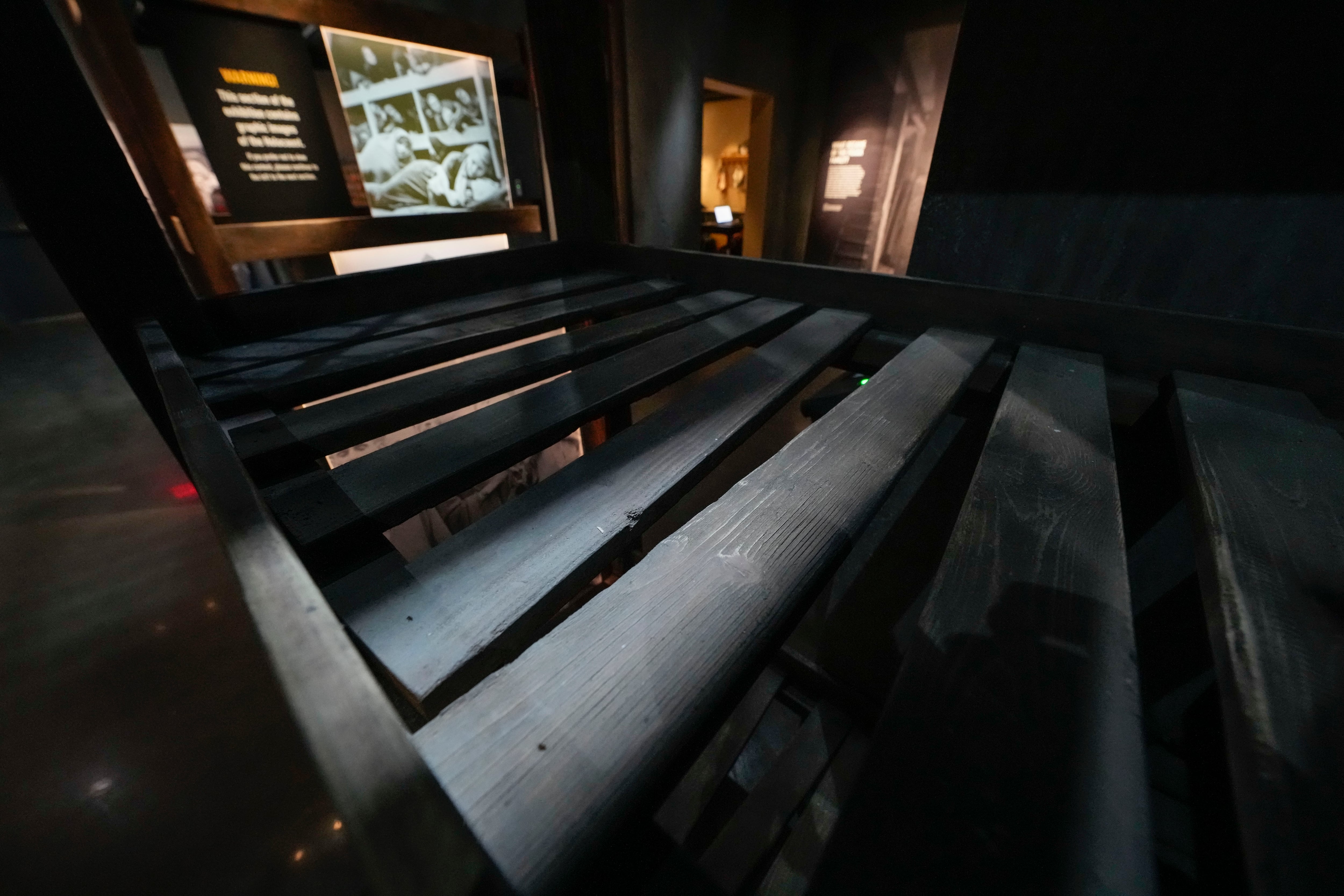 A recreation of bunks in a concentration camp is part of the new pavilion of the National World War II Museum, in New Orleans, Tuesday, Oct. 31, 2023.